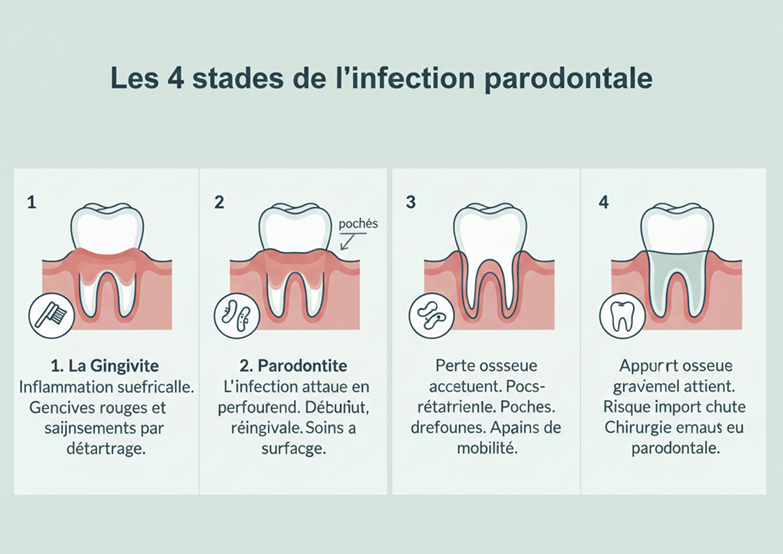 de la gingivite (inflammation superficielle) à la parodontite avancée avec perte osseuse et risque de chute de la dent.