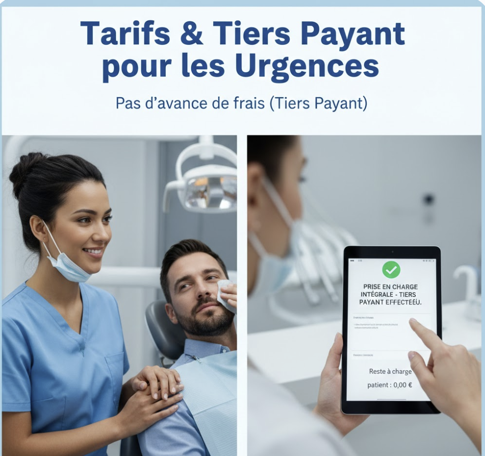 Tarifs urgence dentaire et tiers payant : patient pris en charge par une assistante et écran affichant un reste à charge de 0€ grâce au tiers payant intégral.